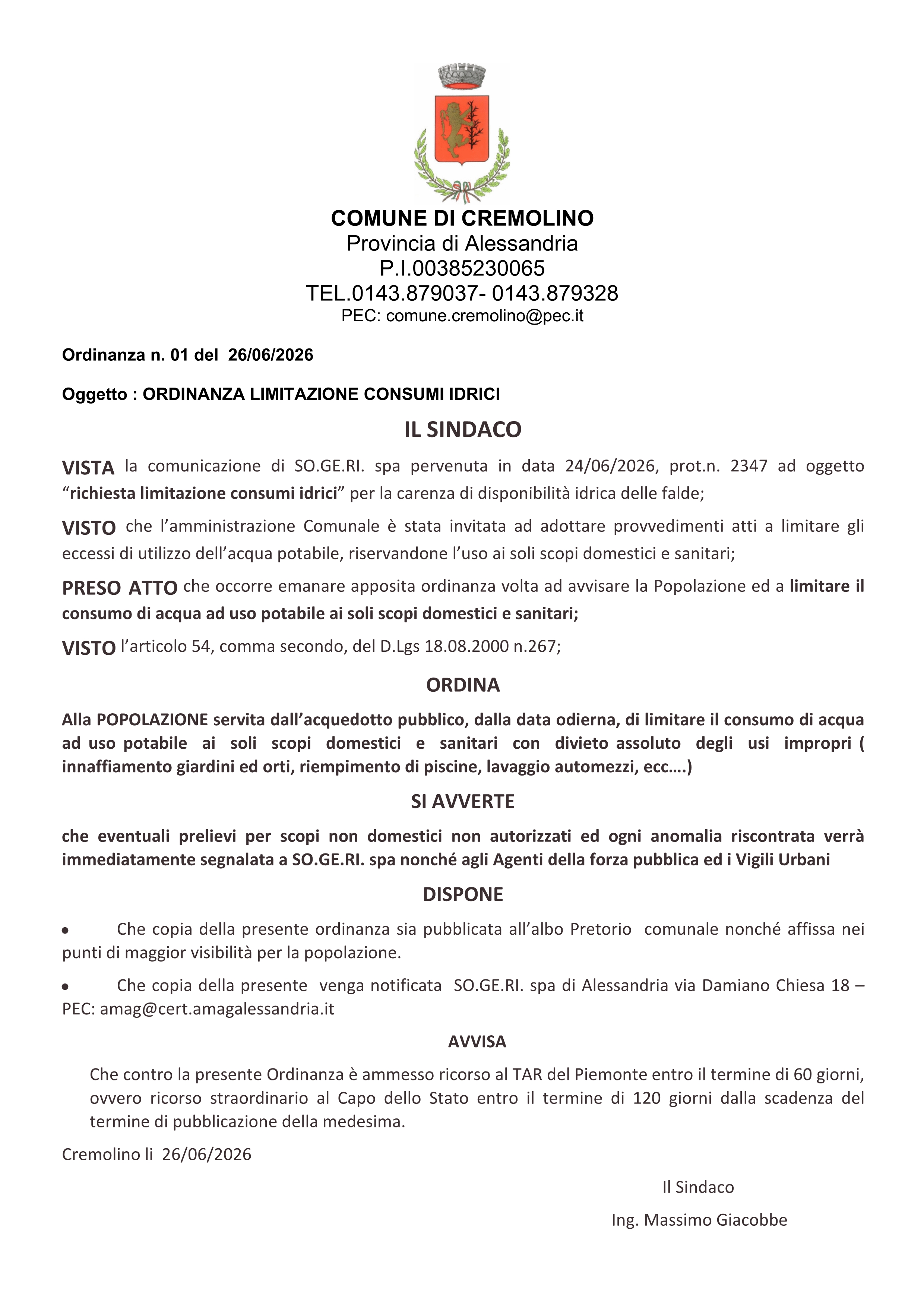 Ordinanza limitazione consumi idrici